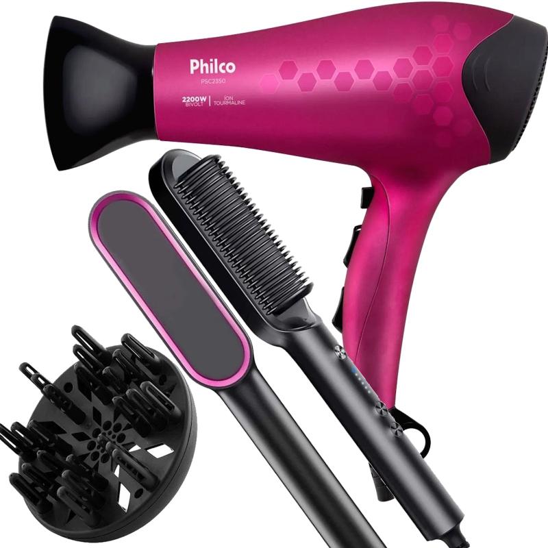 Secador De Cabelo Philco Profissional 2200w Ion Stilo Rosa Difusor Escova Alisadora 2 Em 1 Hq Bivolt