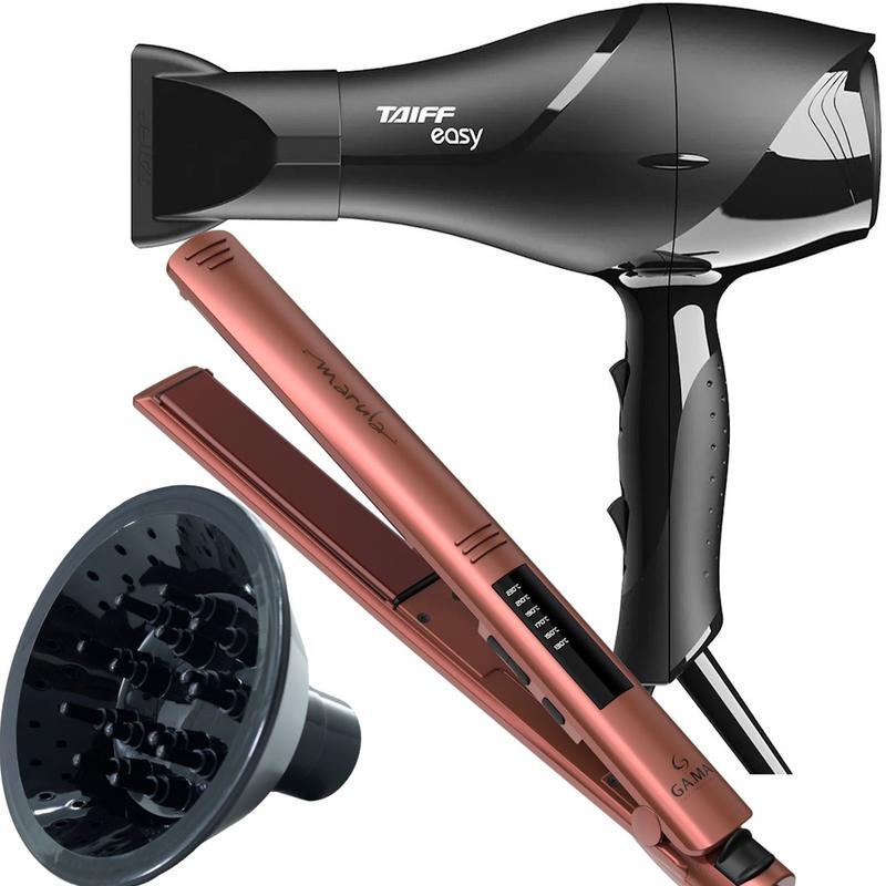 Secador De Cabelo Taiff 1700w Ions Profissional Ar Quente Frio Preto Difusor De Cachos Prancha Cerâmica 450ºf Marula