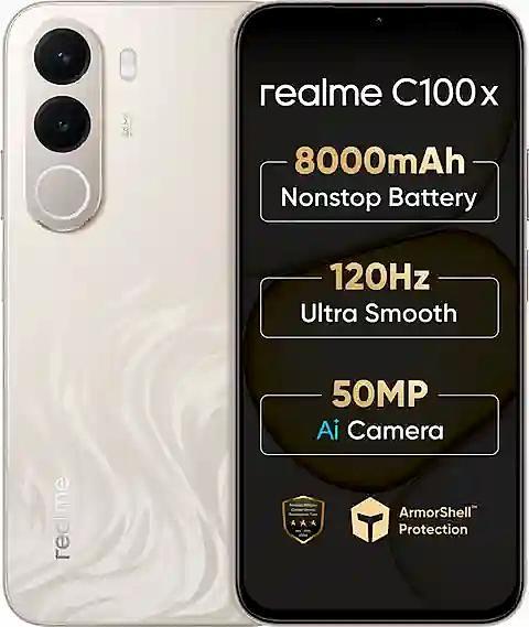 Smartphone Realme C100X 256GB Bateria 8000mAh Tela 120Hz NFC Câmera 50MP IP64 Carregamento 45W