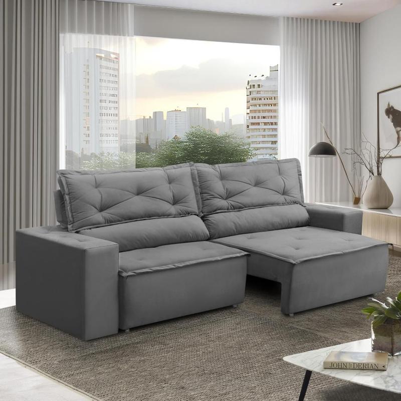 Sofá Retrátil e Reclinável 2 lugares com Molas 1,50m Livia Suede Cinza Adonai Estofados