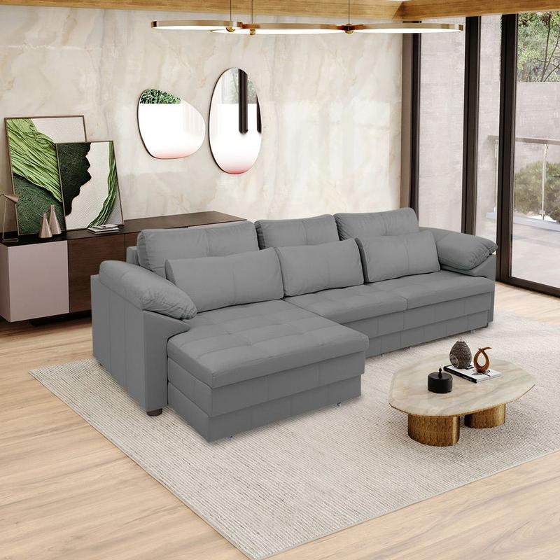Sofá Retrátil Elétrico Sala de Estar Nolan Bipartido 297cm Conforto Premium em Couro Cinza G58 - Gran Belo