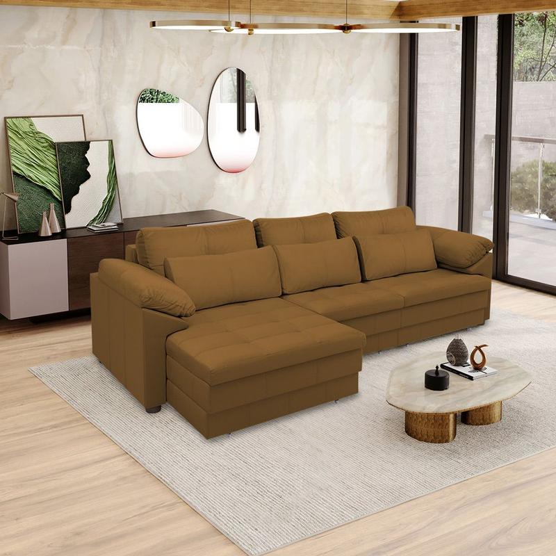 Sofá Retrátil Elétrico Sala de Estar Nolan Bipartido 332cm Conforto Premium em Couro Mel G58 - Gran Belo