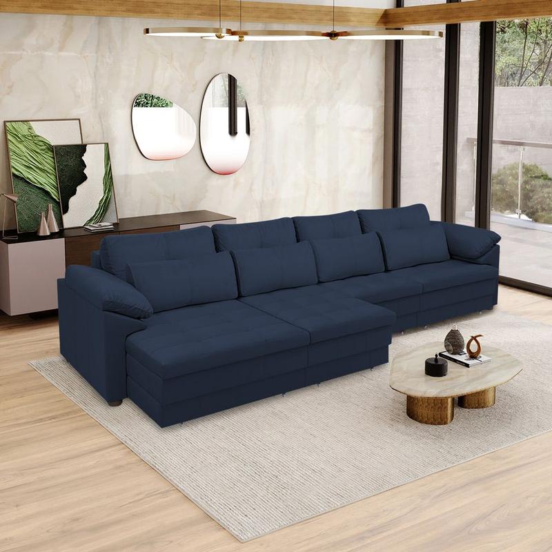 Sofá Retrátil Elétrico Sala de Estar Nolan Bipartido 379cm Conforto Premium em Couro Azul Marinho G58 - Gran Belo