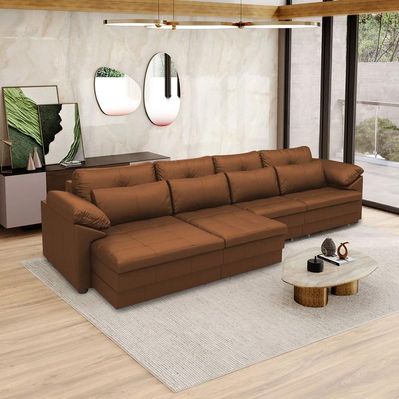 Sofá Retrátil Elétrico Sala de Estar Nolan Bipartido 379cm Conforto Premium em Couro Conhaque G58 Gran Belo