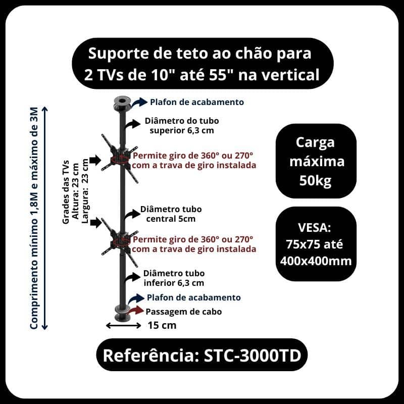 Suporte para 2 monitores ou tv de 10 a 65 polegadas suporte do Teto ao Chão