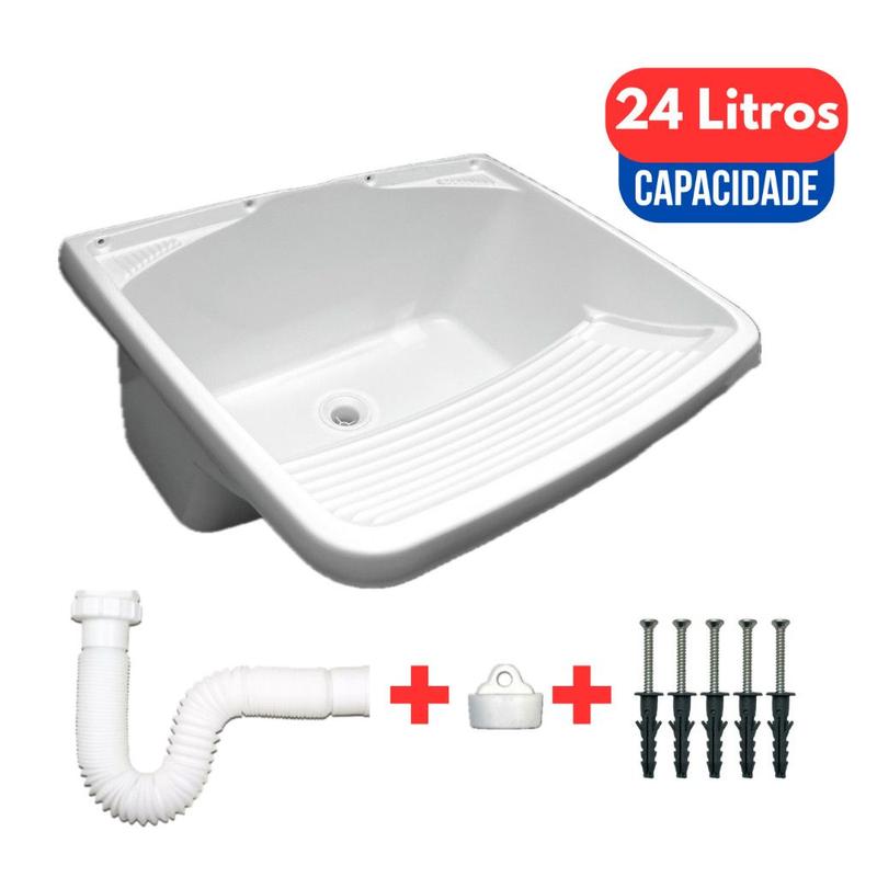 Tanque com Kit de Instalação e Ralo Tanquinho Lavar Roupas Pia Lavanderia Cor:24L BRANCO + SIFÃO