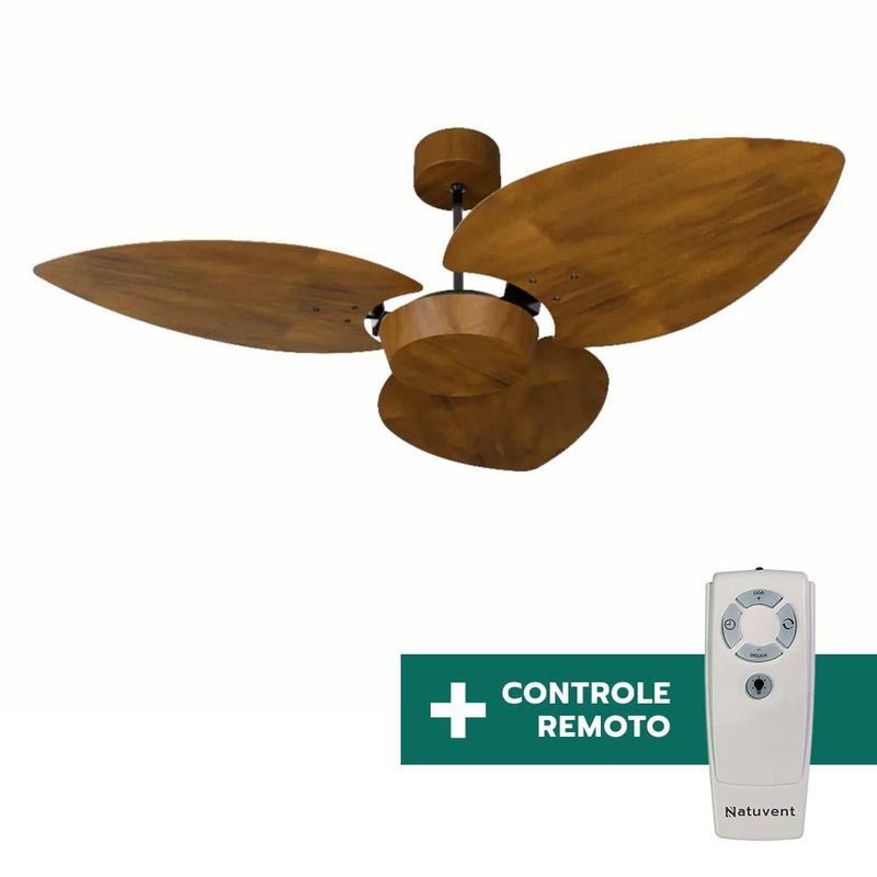 Ventilador de Teto Com Controle Remoto Natuvent Dahlia No Light 3 Pás Madeira Freijó