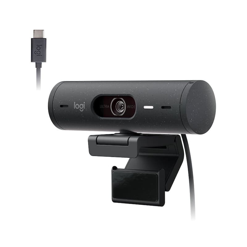 Webcam + Suporte Logitech Brio 500 Full HD, 1080p, 30 FPS, com Microfones Duplos, USB, Suporte Incluso, Grafite - 960-001412