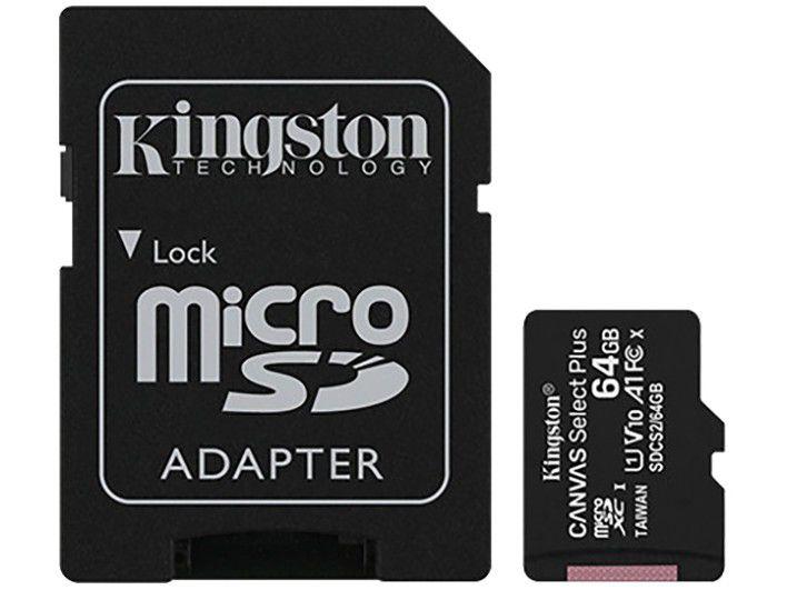 Cartão de Memória 64GB Micro SD Kingston 10 - com Adaptador SD Canvas Select Plus SDCS2