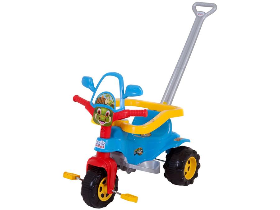 Triciclo Infantil Dino Azul com Empurrador - Cestinha Emite Sons Magic Toys