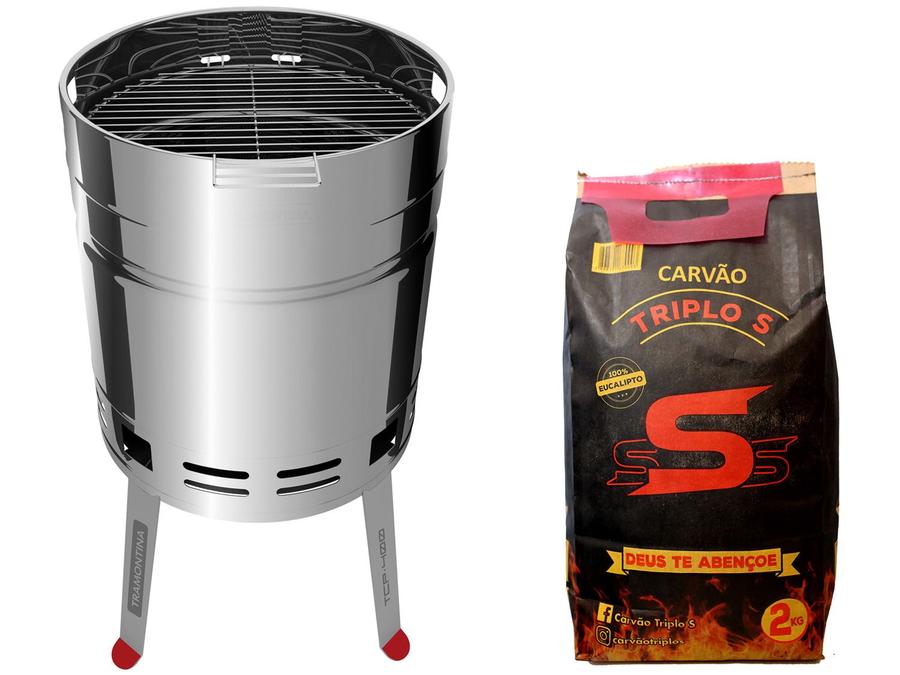 Kit Churrasqueira à Carvão Tramontina TCP 400 Inox - com Grelha + Carvão Vegetal Triplo S 2kg