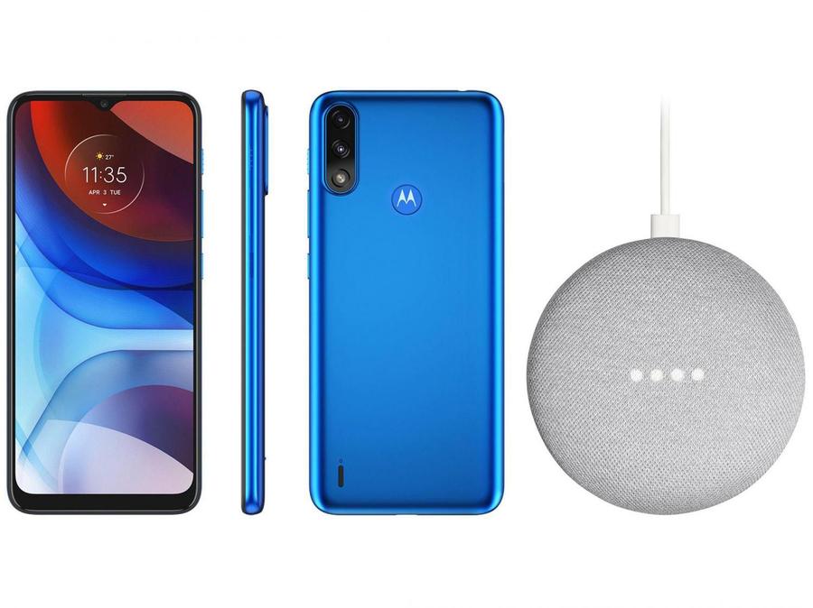 Smartphone Motorola Moto E7 Power 32GB Azul - 2GB RAM + Nest Mini 2ª Geração Smart Speaker