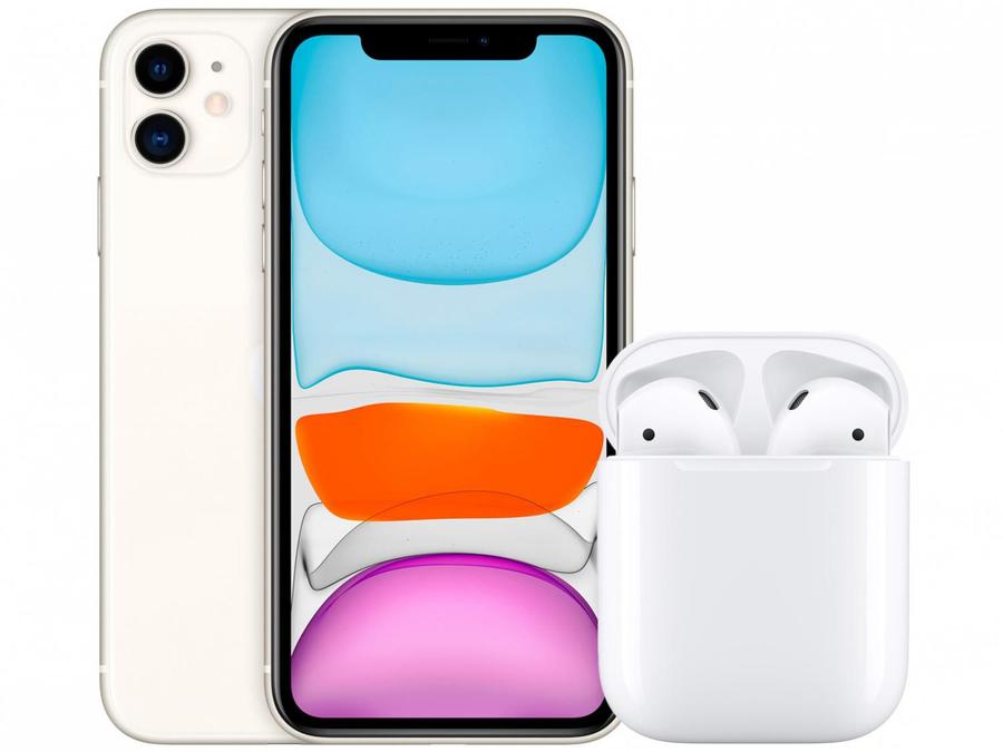 iPhone 11 Apple 64GB Branco 6,1" 12MP - iOS + AirPods Apple com Estojo de Recarga