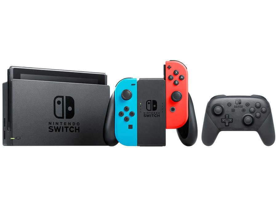 Nintendo Switch 32GB HAC-001-01 1 Controle Joy-Con - Vermelho e Azul + Controle sem Fio Pro Controller