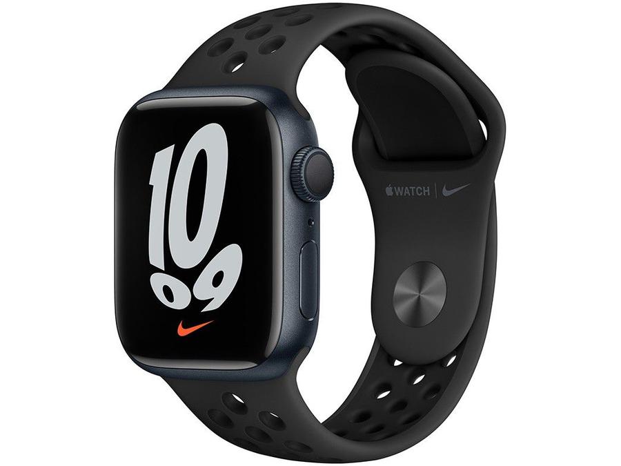 Apple Watch Nike Series 7 41mm GPS Meia Noite - Alumínio Pulseira Esportiva Cinza-carvão/Preta