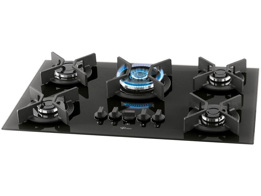 Cooktop 5 Bocas a Gás GLP Fischer Vidro Temperado - Preto com Grades de Ferro Fundido Infinity 5Q TC