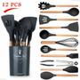 Imagem de 02 Kits Utensilios Cozinha 12 Peças Total de 24 peças Silicone Cabo Bambu Presente Casamento Chá Cozinha