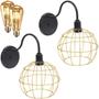 Imagem de 2 Luminárias Arandela Parede Aramada Globo Industrial Retro + Lâmpadas Led Preto/Dourado