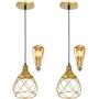 Imagem de 2 Pendentes Aramado Esfera Balonê Dourado + 2 Lâmpadas Lustre Luminária Teto Regulável Sala Cozinha