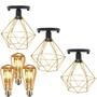 Imagem de 3 Lustres Teto Plafon + 3 Lâmpadas Led St64 Industrial Aramado Diamante Dourado Retrô Vintage Preto