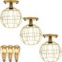 Imagem de 3 Lustres Teto Plafon + 3 Lâmpadas Led St64 Industrial Aramado Globo Retrô Vintage Dourado