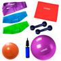 Imagem de 3 Mini Bands + Bola 55 Cm com Bomba + Overball + Par Halter 1kg + Faixa Elastica Leve  Liveup