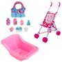 Imagem de Acessórios P/ Boneca Banheira Rosa + Carrinho e Bolsinha