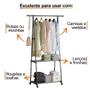 Imagem de Arara de roupas 2 prateleiras sapateira com rodinhas carrinho organizador loja quarto lavanderia
