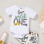 Imagem de Baby Kids 1º Aniversário Shorts Set Infant Boy Girl Wild One Animal Romper Bodysuit Cake Smash Party Clothes (Branco,12-15M)