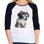 Imagem de Baby Look Raglan Cachorro Shih Tzu Filhote Manga 3/4 - Foca na Moda