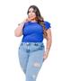 Imagem de Blusa canelada plus size gola rasa manga curta 2 babados moda casual feminina elegante