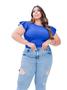 Imagem de Blusa canelada plus size gola rasa manga curta 2 babados moda casual feminina elegante