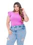 Imagem de Blusa canelada plus size gola rasa manga curta 2 babados moda feminina casual