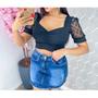 Imagem de Blusa Cropped canelado feminino manga curta princesa tule poá com bojo drapeado estilo