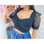 Imagem de Blusa Cropped canelado feminino manga curta princesa tule poá com bojo drapeado estilo