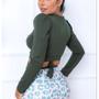 Imagem de Blusa cropped canelado manga longa bufante faixa na cintura moda gringa feminina