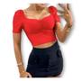 Imagem de Blusa cropped decote drapeado manga bufante poliéster feminino estilo