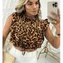 Imagem de Blusa cropped feminina cavada com babado estampa onça lacinho na cintura duna