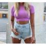 Imagem de Blusa cropped feminino básico canelado gola rasa manga curta moda blogueira