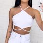 Imagem de Blusa cropped feminino canelado triângulo amarração pescoço e cintura