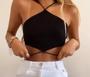 Imagem de Blusa cropped feminino canelado triângulo amarração pescoço e cintura sem bojo moda barata
