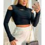 Imagem de Blusa cropped feminino gola alta detalhe no ombro manga longa canelado estilo