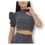 Imagem de Blusa Cropped feminino lurex um ombro só bufante recorte gola alta fashion