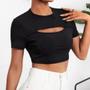 Imagem de Blusa Cropped feminino malha canelada decote gota manga curta blogueira influencer