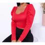 Imagem de Blusa cropped feminino manga longa bufante decote quadrado canelado fashion