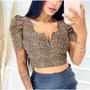 Imagem de Blusa Cropped feminino onça decote V com bojo manga curta princesa moda barata