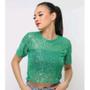 Imagem de Blusa cropped feminino paetê manga curta gola rasa fashion