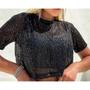 Imagem de Blusa cropped feminino paetê manga curta gola rasa tendência