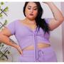 Imagem de Blusa cropped feminino plus size canelado laço no decote manga curta tendência feminina