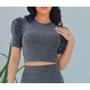 Imagem de Blusa cropped feminino poliamida lurex gola rasa manga curta bufante fashion